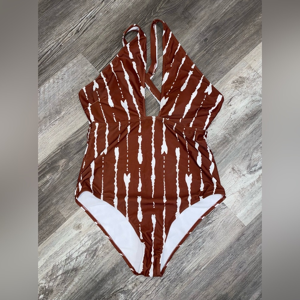 Brown and White Striped Swimsuit